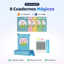 Pack bilingüe: 8 cuadernos mágicos (4 en español + 4 en inglés), 2 bolígrafos y repuestos